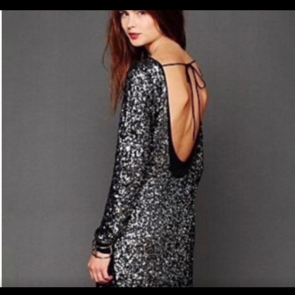 BNWT Free People Sequin Backless Dress Gunmetal Gray Black Silver Medium